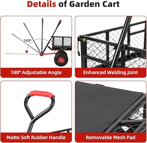 880 lb 10-inch tire steel garden cart with 4-side removable mesh and 180° swivel handle T802023