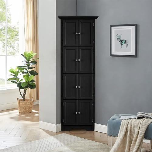 Black Tall Corner Storage Cabinet with Doors and 4 Shelves U4649
