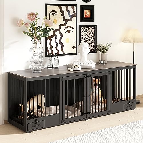White 86.6" Heavy Duty Wooden Dog Kennel with Dog Bowl Drawers & Divider Y645