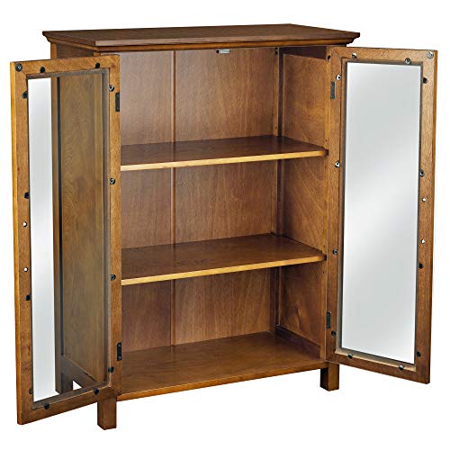 Oiled Oak Wooden Freestanding Floor Cabinet with 2 Adjustable Shelves and 2 Glass Paneled Doors Y13359