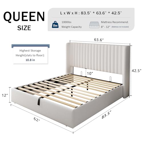 White Upholstered Lift Up Storage Bed with Wingback Headboard F35904