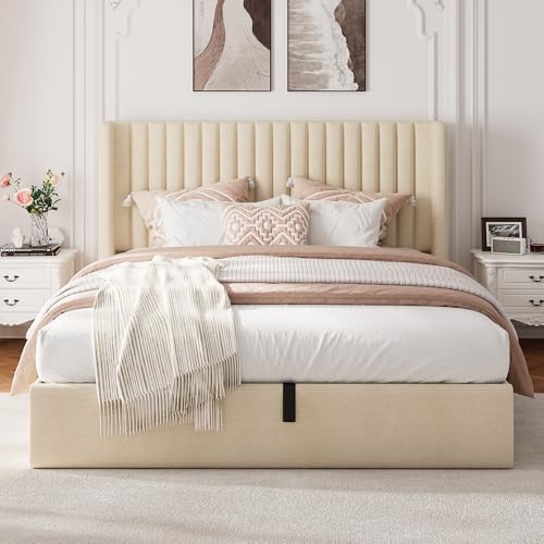 White Upholstered Lift Up Storage Bed with Wingback Headboard F35904