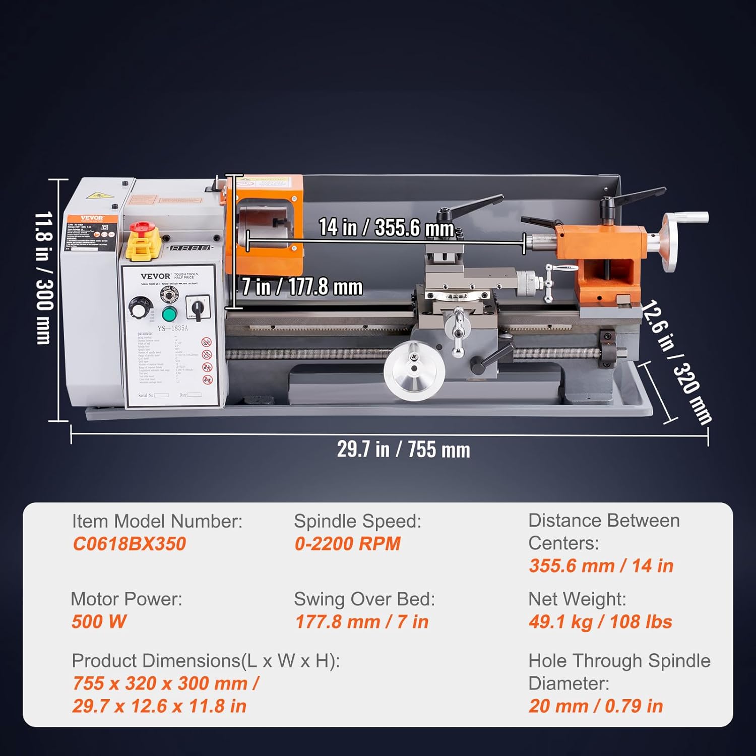 7'' x 13.78'' Metal Lathe with Tool Box W24229