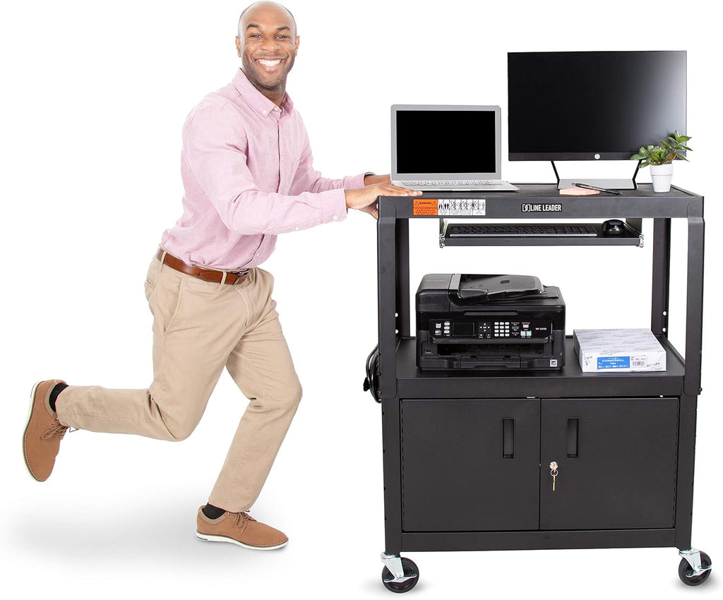 Large AV Cart with Locking Cabinet, Height Adjustable, Black M820