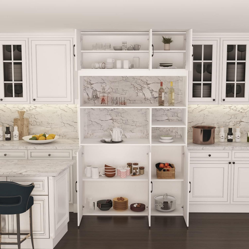 White Wood Kitchen Pantry Storage Cabinets with Hutch Buffet U80697