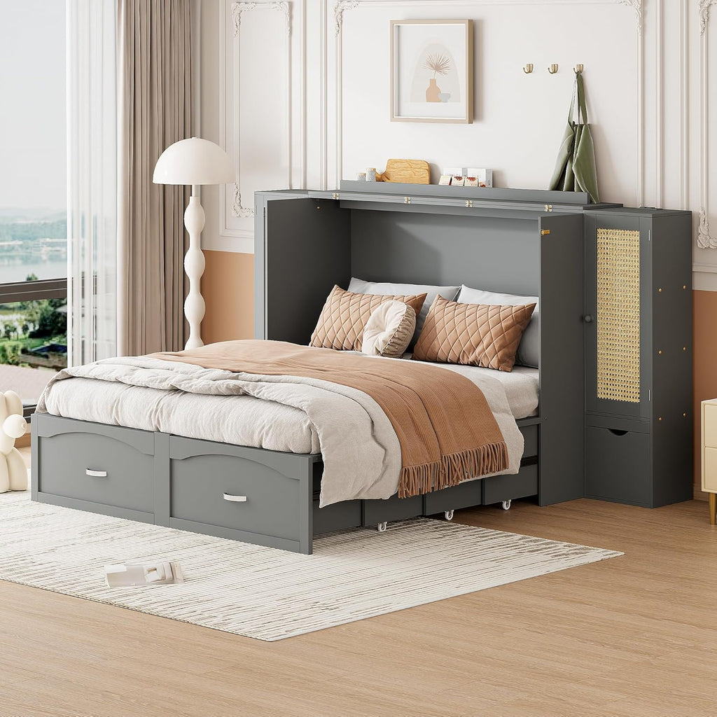 Gray Queen Size Murphy Bed with Storage Drawer and 2 Cabinets B95849