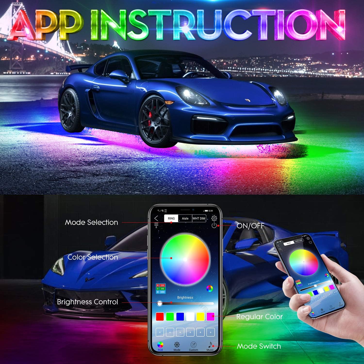 3-Pin 6PCS Car Double-Row Dreamcolor Underglow Lights Kit with APP IP68 12V Pack of 2 L509