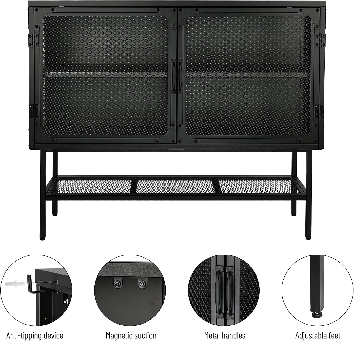 Industrial Cabinet Console Table with 2 Mesh Doors Adjustable Shelf and Feet Bottom Shelf Anti-Tip Dust-Free Kitchen Credenza Sideboard Frosted O592