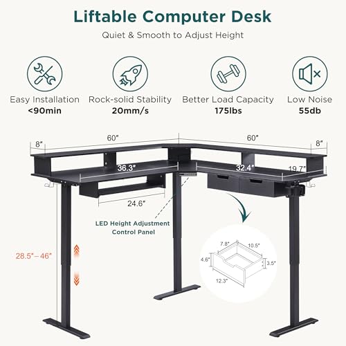 Dark Rustic Oak L Shaped Electric Standing Desk with Drawers F98220