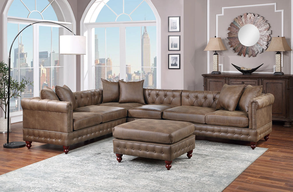 Dark Coffee Leatherette Solidwood Sectional 4pc Set Reversible Chaise Ottoman Tufted Couch E953500