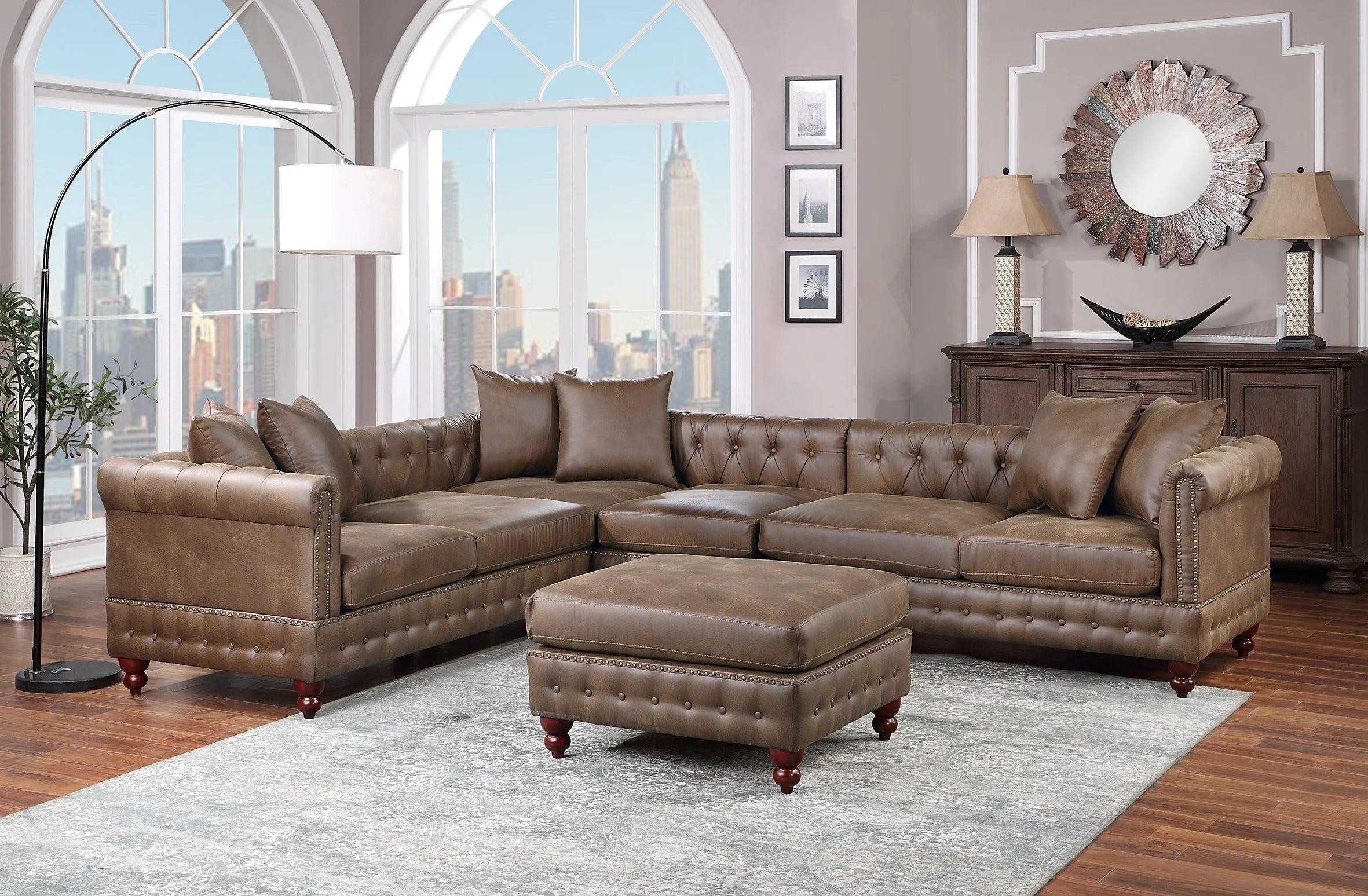 Dark Coffee Leatherette Solidwood Sectional 4pc Set Reversible Chaise Ottoman Tufted Couch E953500
