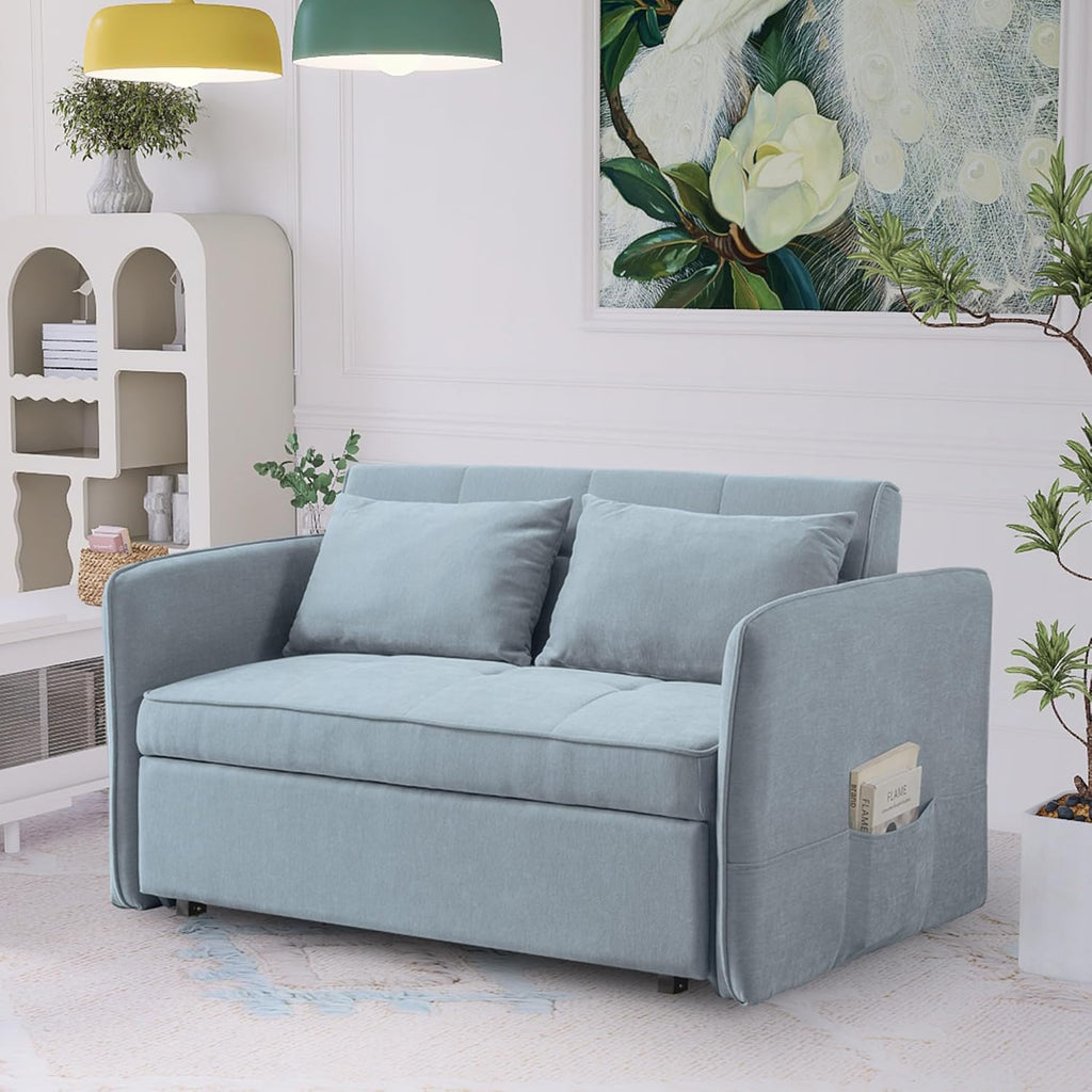 Bluish Grey Chenille Fabric Double Sofa Bed with Pull-Out Bed C1050
