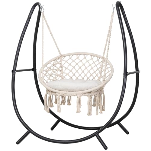 Macrame Hammock Chair with Stand, Heavy Duty Hanging Chair Stand, Includes Seat Cushion, Max 400 Lbs, Natural I447856