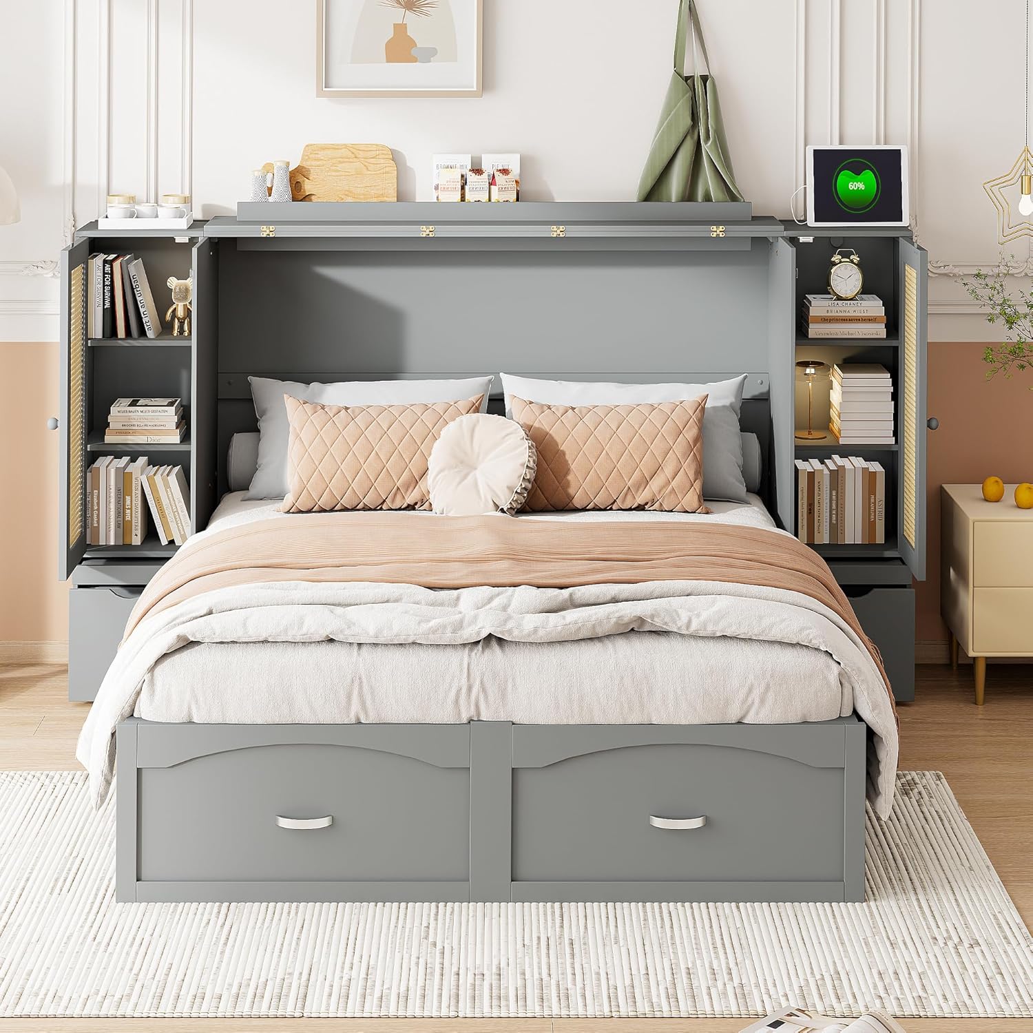 Gray Queen Size Murphy Bed with Storage Drawer and 2 Cabinets B95849