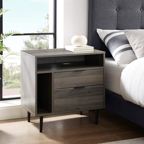 Slate Grey Wood Nightstand with Drawer and Shelf C533