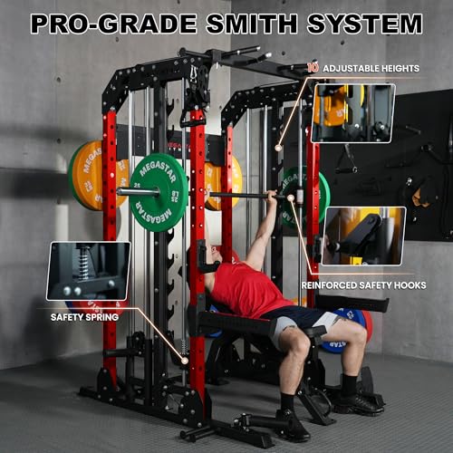 Smith Machine Home Gym with Aluminum Pulley Set - 2000lbs Capacity All-in-One Power Rack with Cable Crossover, Pull-Up Bar & Dip Station, Includes 18 Attachments X713371