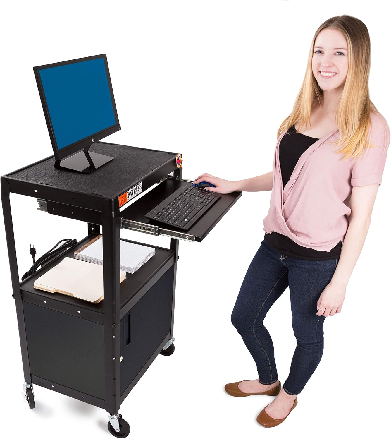 Large AV Cart with Locking Cabinet, Height Adjustable, Black M820