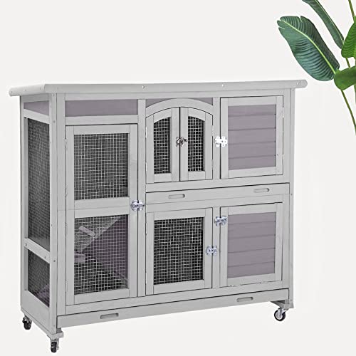 Two-Story Rabbit Hutch with Wheels and 2 Deep Leakproof Tray B2589