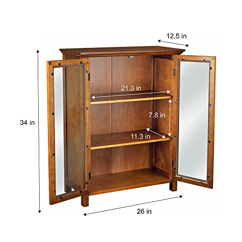 Oiled Oak Wooden Freestanding Floor Cabinet with 2 Adjustable Shelves and 2 Glass Paneled Doors Y13359
