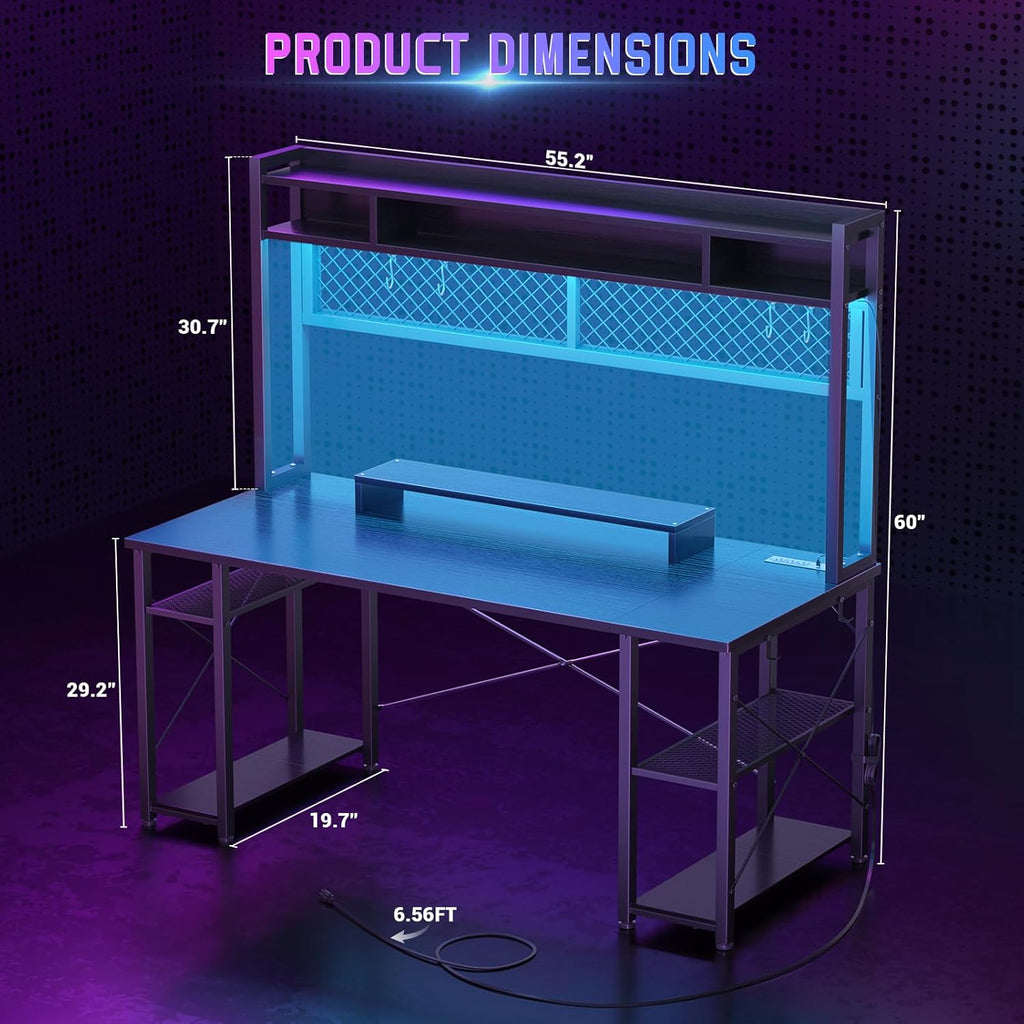 Black 55 Inch Gaming Desk with Hutch and LED Lights M997