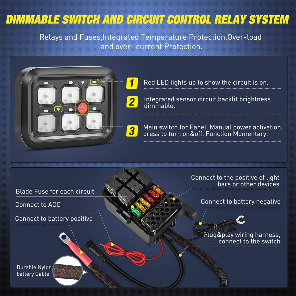 6 Gang Switch Panel Circuit Control Relay System with Fuse Wiring Harness Automatic Dimmable ON-Off LED Switch Pod I439369