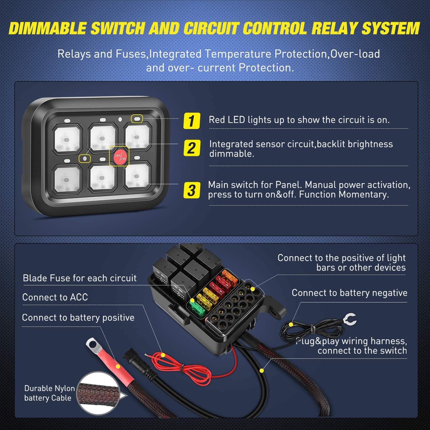 6 Gang Switch Panel Circuit Control Relay System with Fuse Wiring Harness Automatic Dimmable ON-Off LED Switch Pod I439369