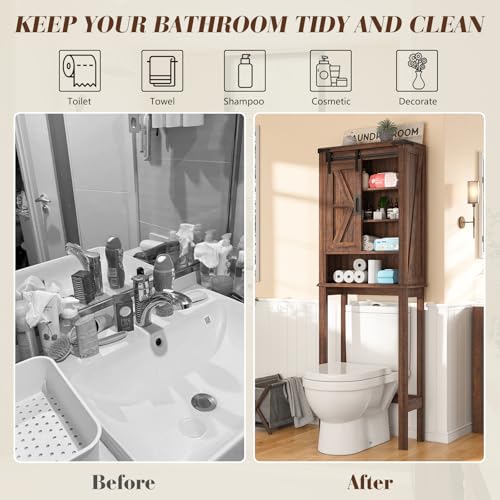 68" Tall Over The Toilet Storage Cabinet with Sliding Barn Door and Adjustable Shelves X463971