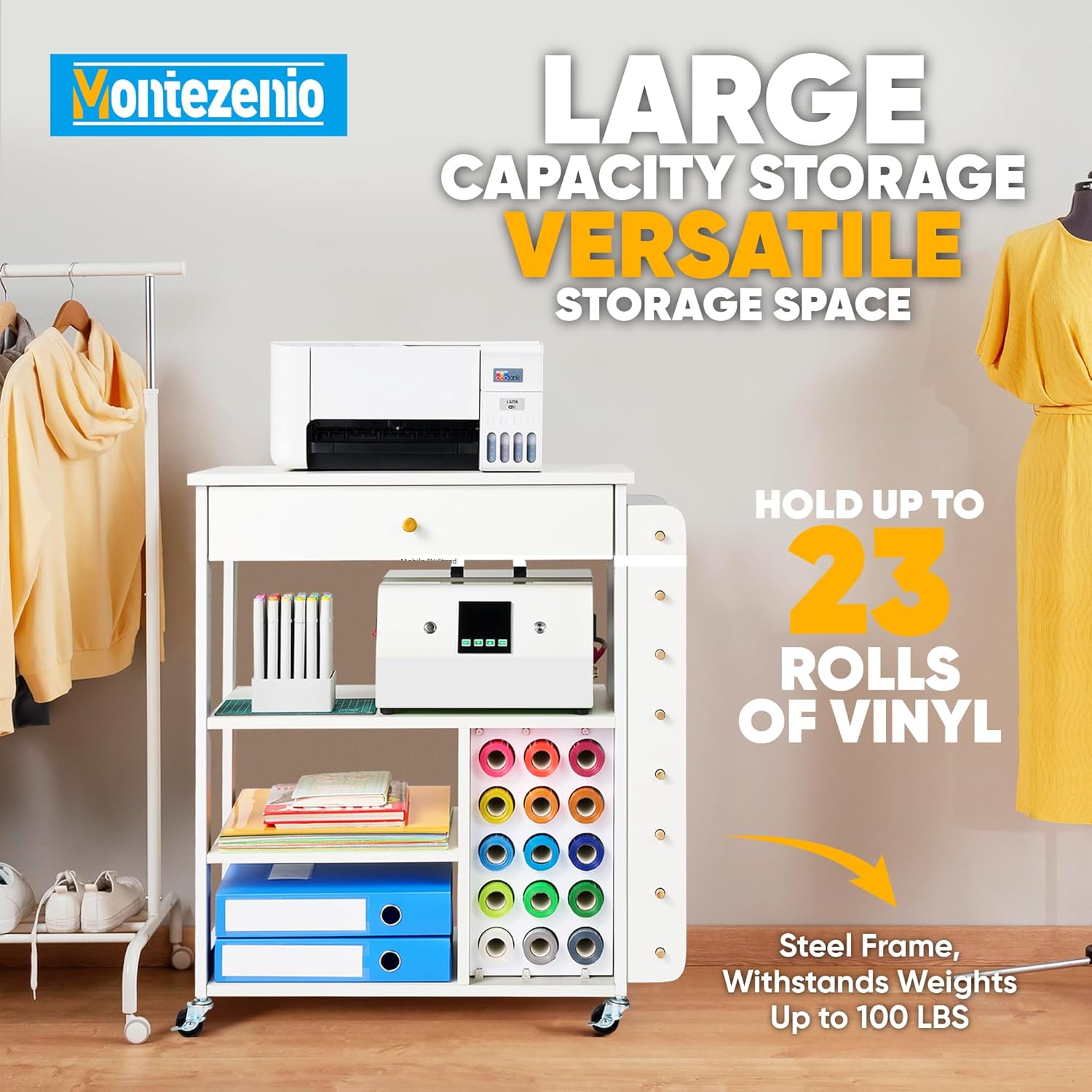 Mobile Craft Storage with 23 Vinyl Roll Holder, Craft Table Stand with Wheels, Crafting Cabinet with Large Drawers T151