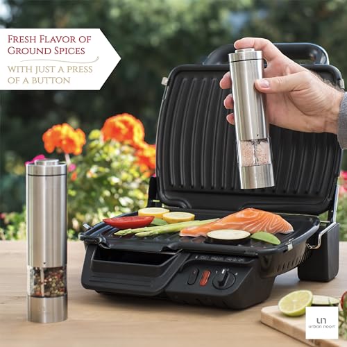 Electric Salt and Pepper Grinder Set - Battery Operated Stainless Steel Mill with Light (2 Black Mills) - Ceramic Grinders Q630