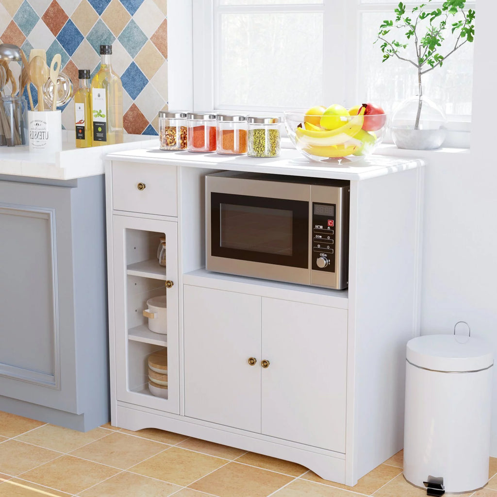 White Microwave Cabinet with Hutch and Adjustable Shelves and Drawer L617861