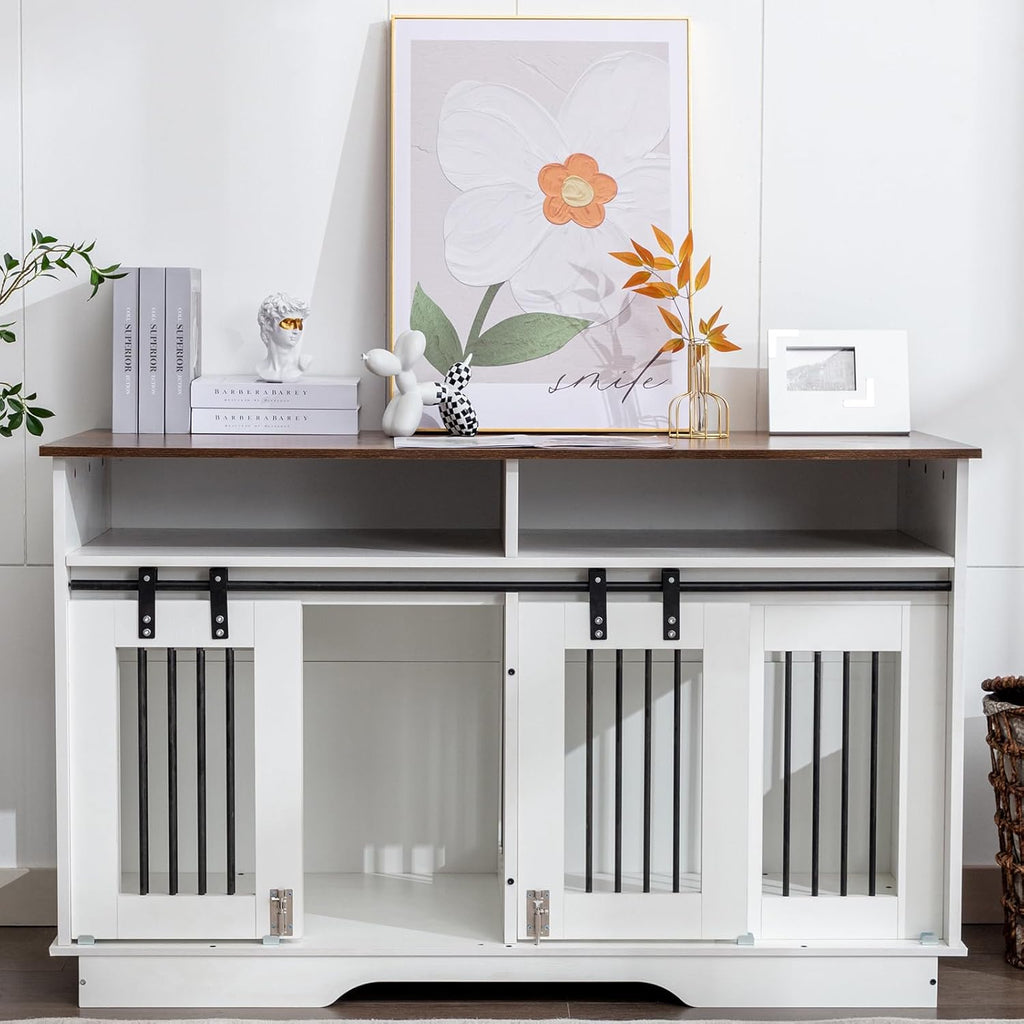 White Wooden Double Dog Crate Furniture with Drawers A98359