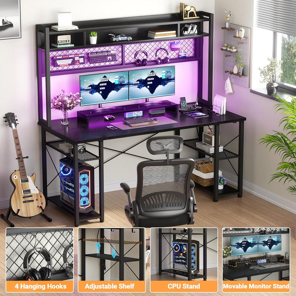 Black 55 Inch Gaming Desk with Hutch and LED Lights M997