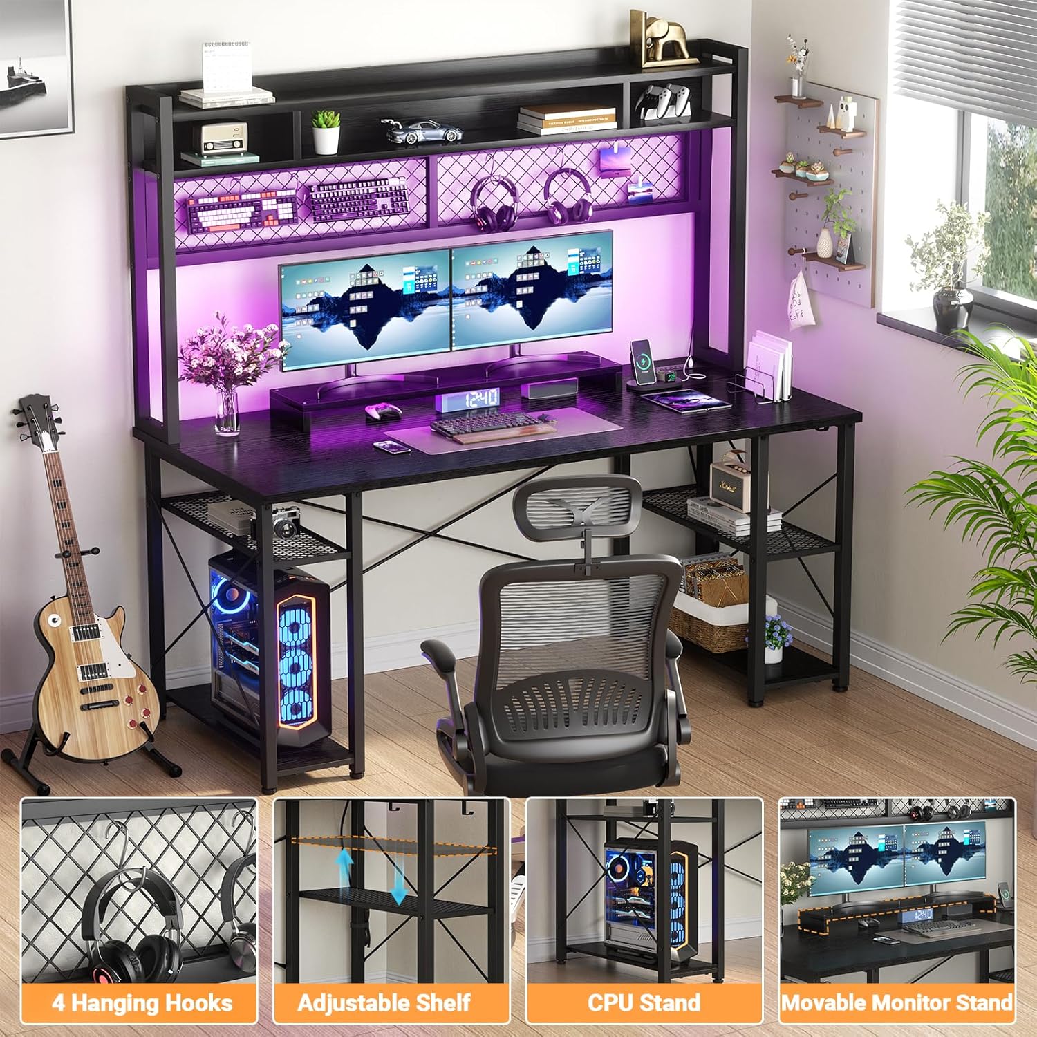 Black 55 Inch Gaming Desk with Hutch and LED Lights M997