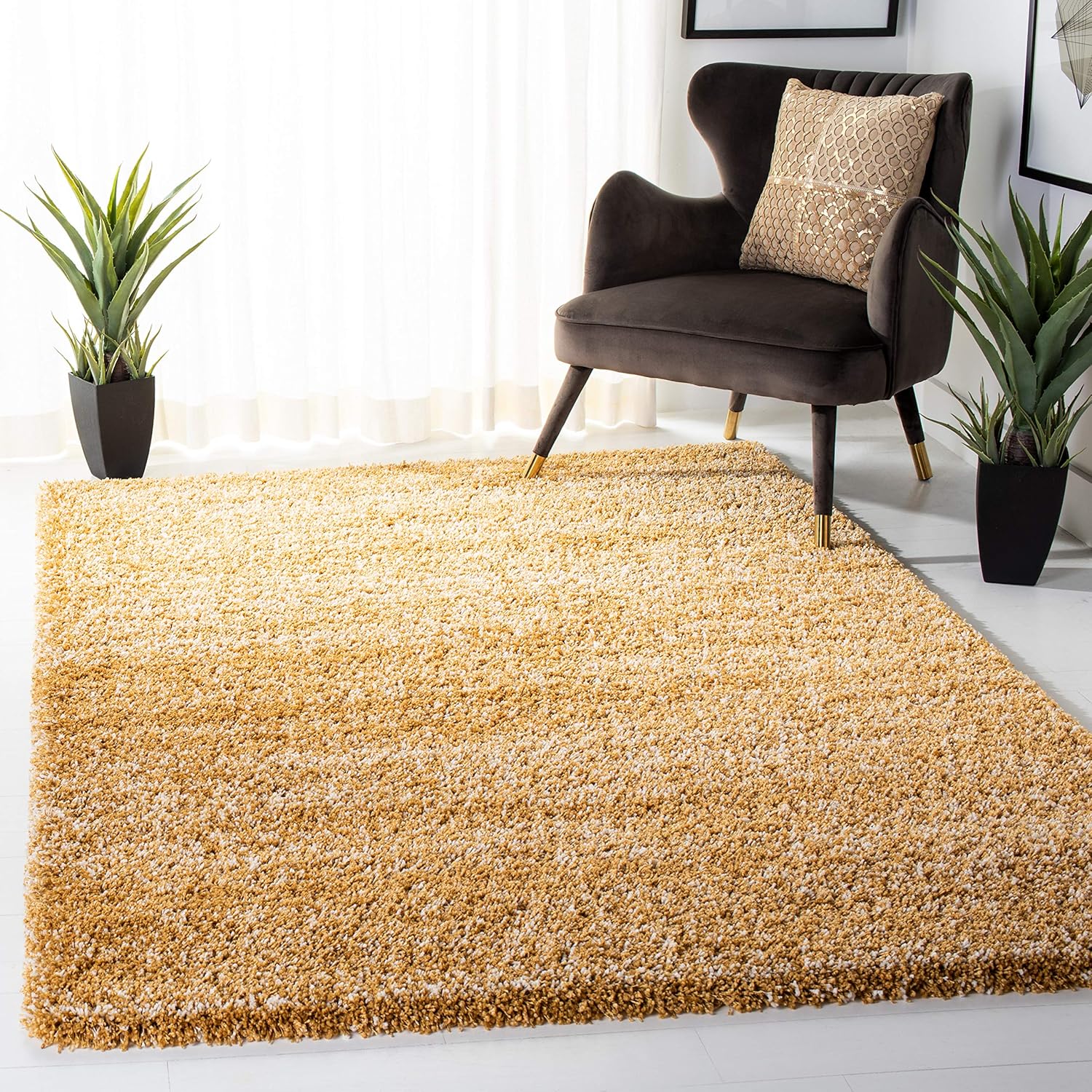 8' x 10' Gold Ivory Shag Area Rug J406