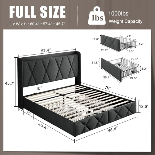 Black Queen Upholstered Platform Bed Frame with 4 Storage Drawers S831550