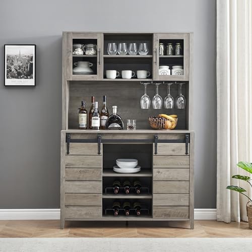 White Tall Farmhouse Coffee Bar Wine Cabinet with Sliding Barn Doors and Storage H945425