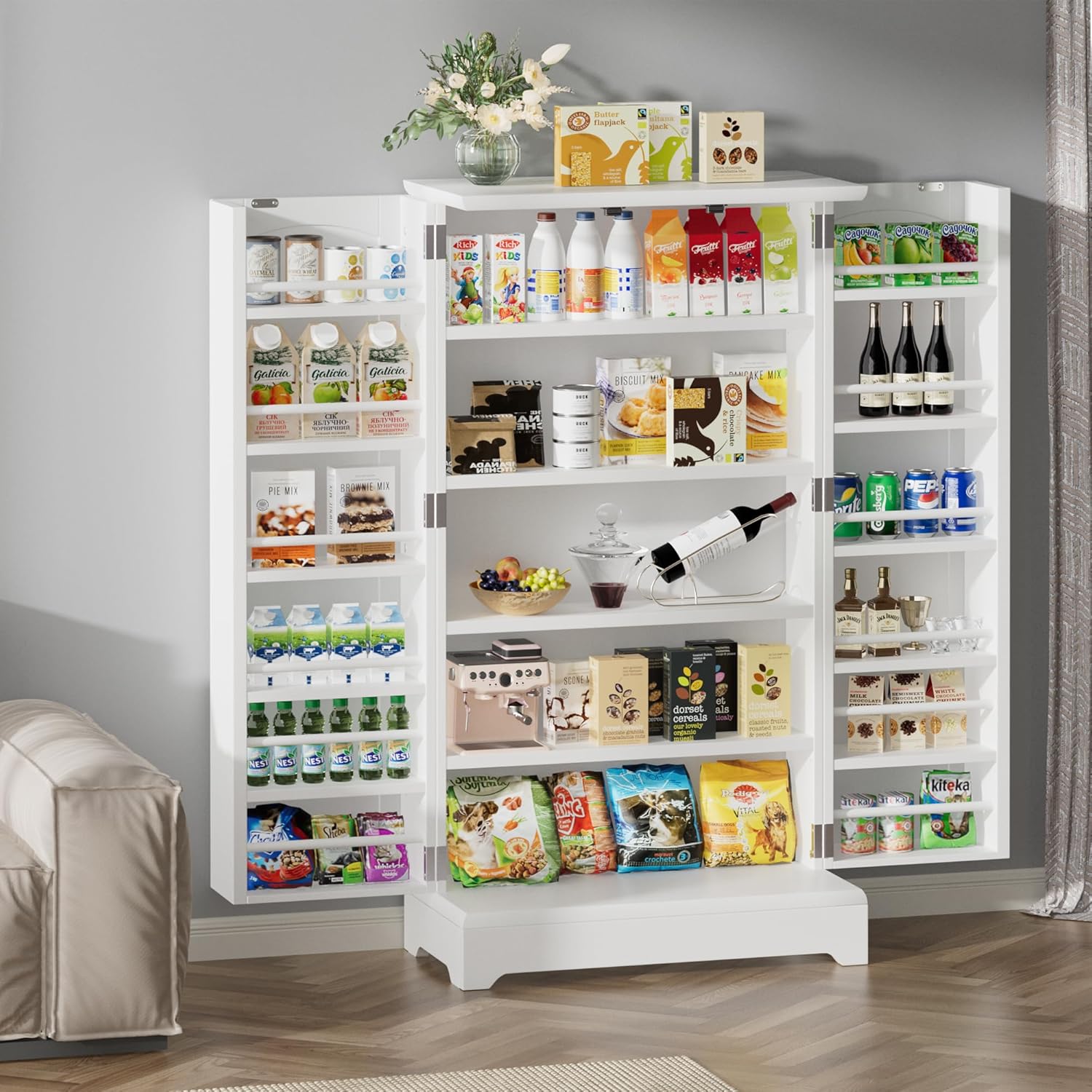 White Kitchen Pantry Storage Cabinet with Doors and Adjustable Shelves L136