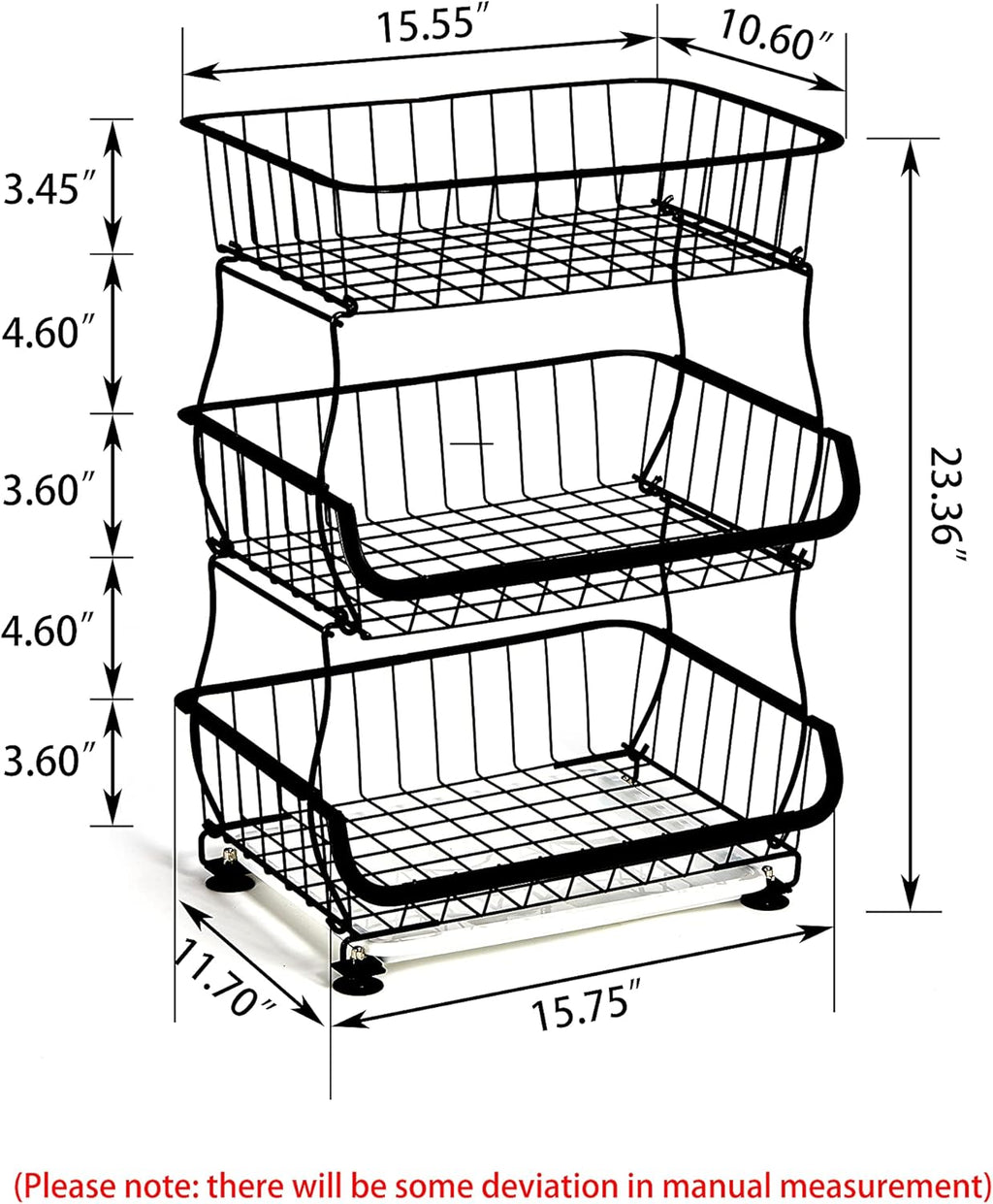 Black 3 Tier Metal Wire Fruit Basket Stand with Wheels S512