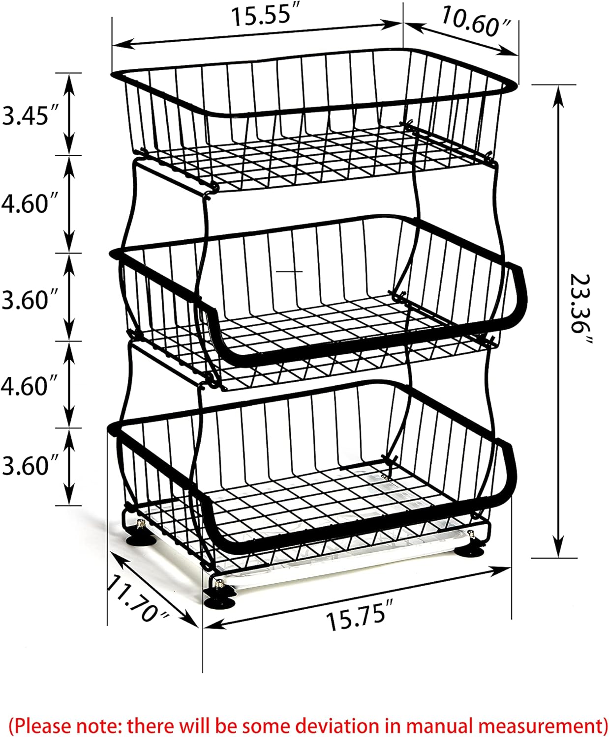 Black 3 Tier Metal Wire Fruit Basket Stand with Wheels S512