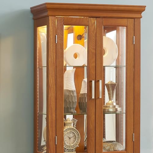 Oak Glass Display Cabinet with Lighted Mirrored Back Panel and Adjustable Shelves T615063