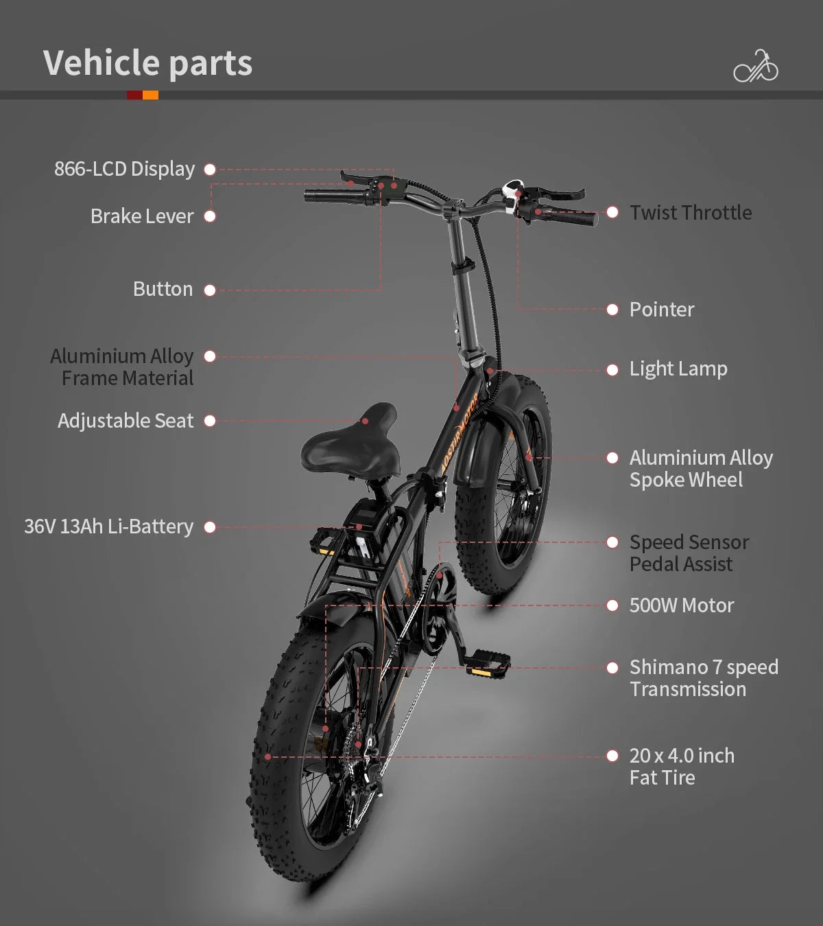 Folding Electric Bike 500W Motor 20" Fat Tire 36V/13Ah Li-Battery U61746