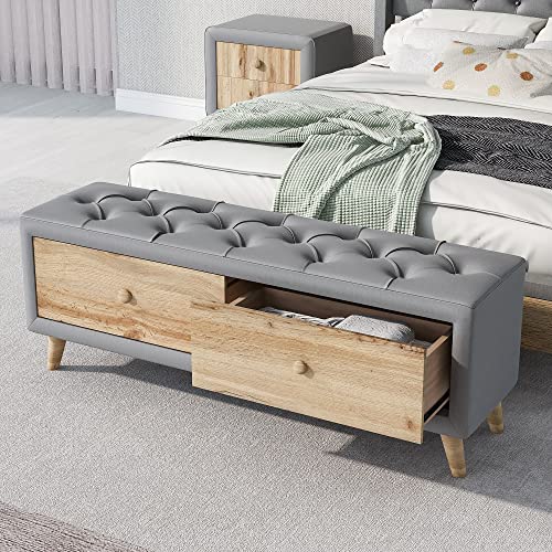 Gray Upholstered Wooden Storage Ottoman Bench with 2 Drawers V2747
