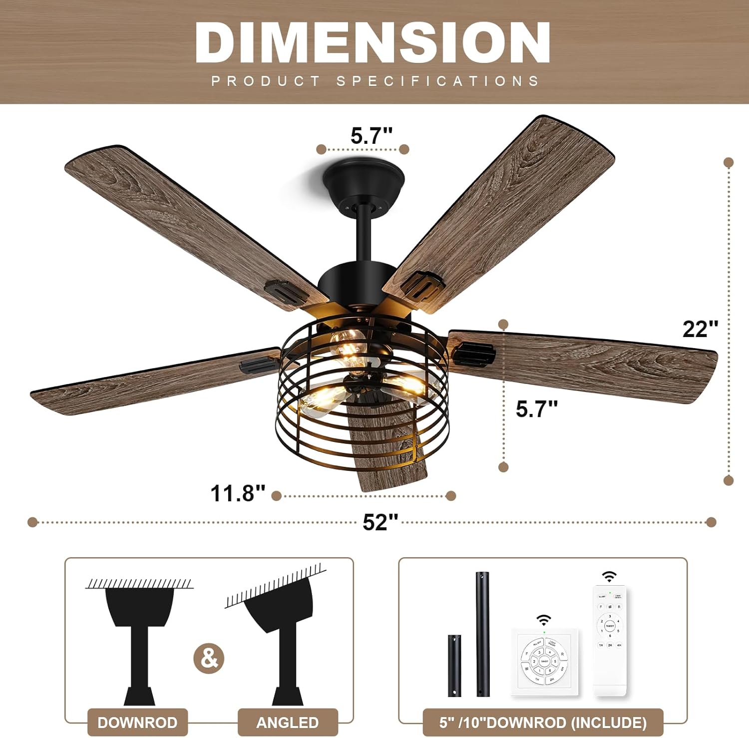 52 Inch Industrial Black Ceiling Fan with Light and Remote E2201