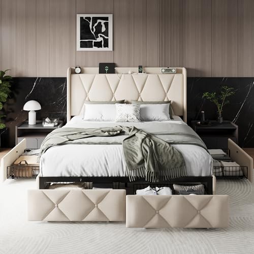 Black Queen Upholstered Platform Bed Frame with 4 Storage Drawers S831550