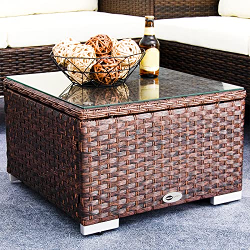 Outdoor Wicker Coffee Table with Glass Top, 25.2in Mixed Brown G58374