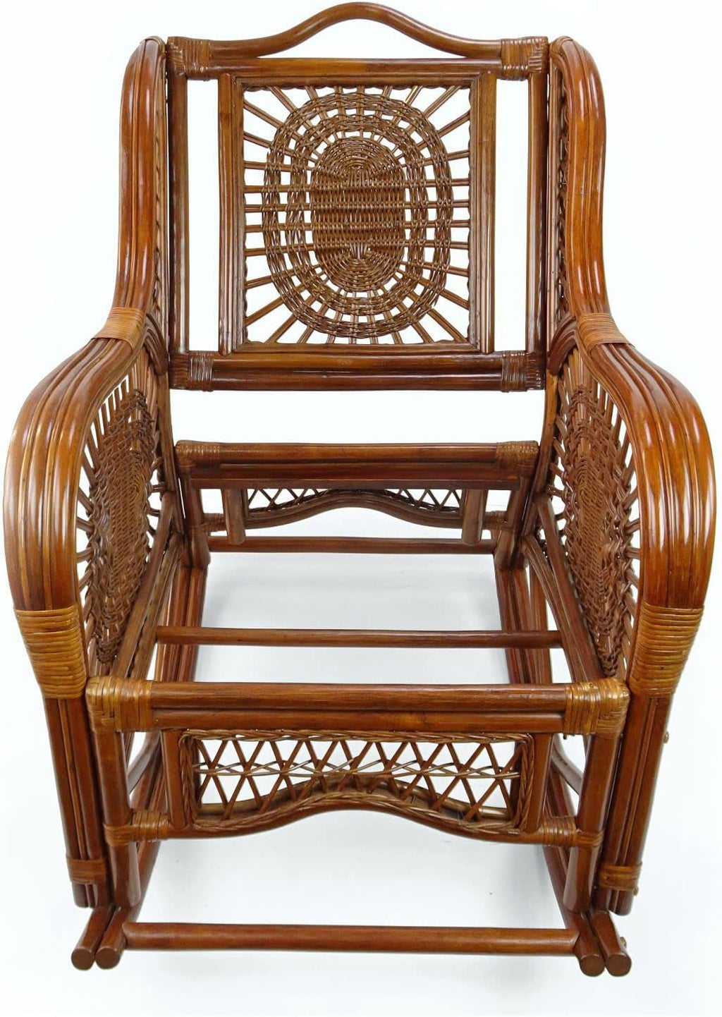 Natural Rattan Set of 2 Rocking Lounge Chairs with Light Brown Cushions and Round Coffee Table with Glass B162