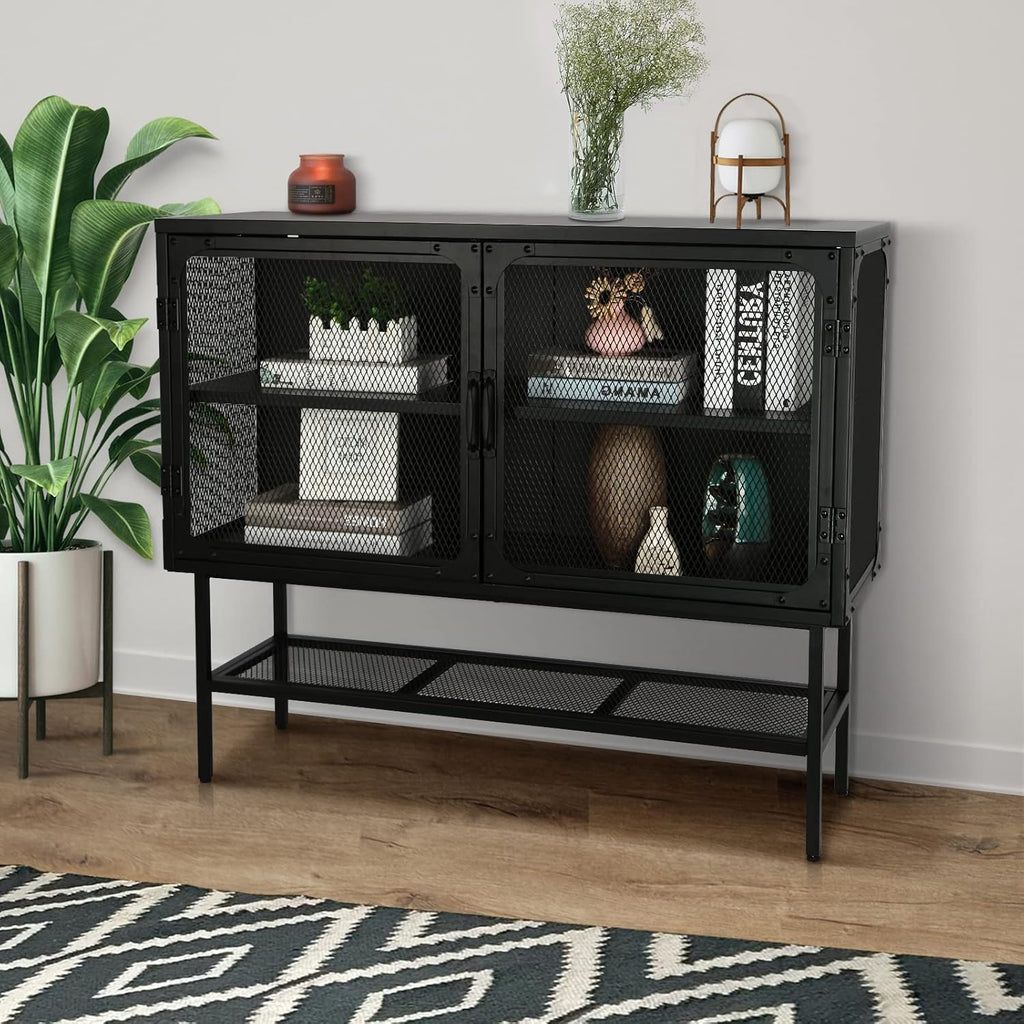 Industrial Cabinet Console Table with 2 Mesh Doors Adjustable Shelf and Feet Bottom Shelf Anti-Tip Dust-Free Kitchen Credenza Sideboard Frosted O592