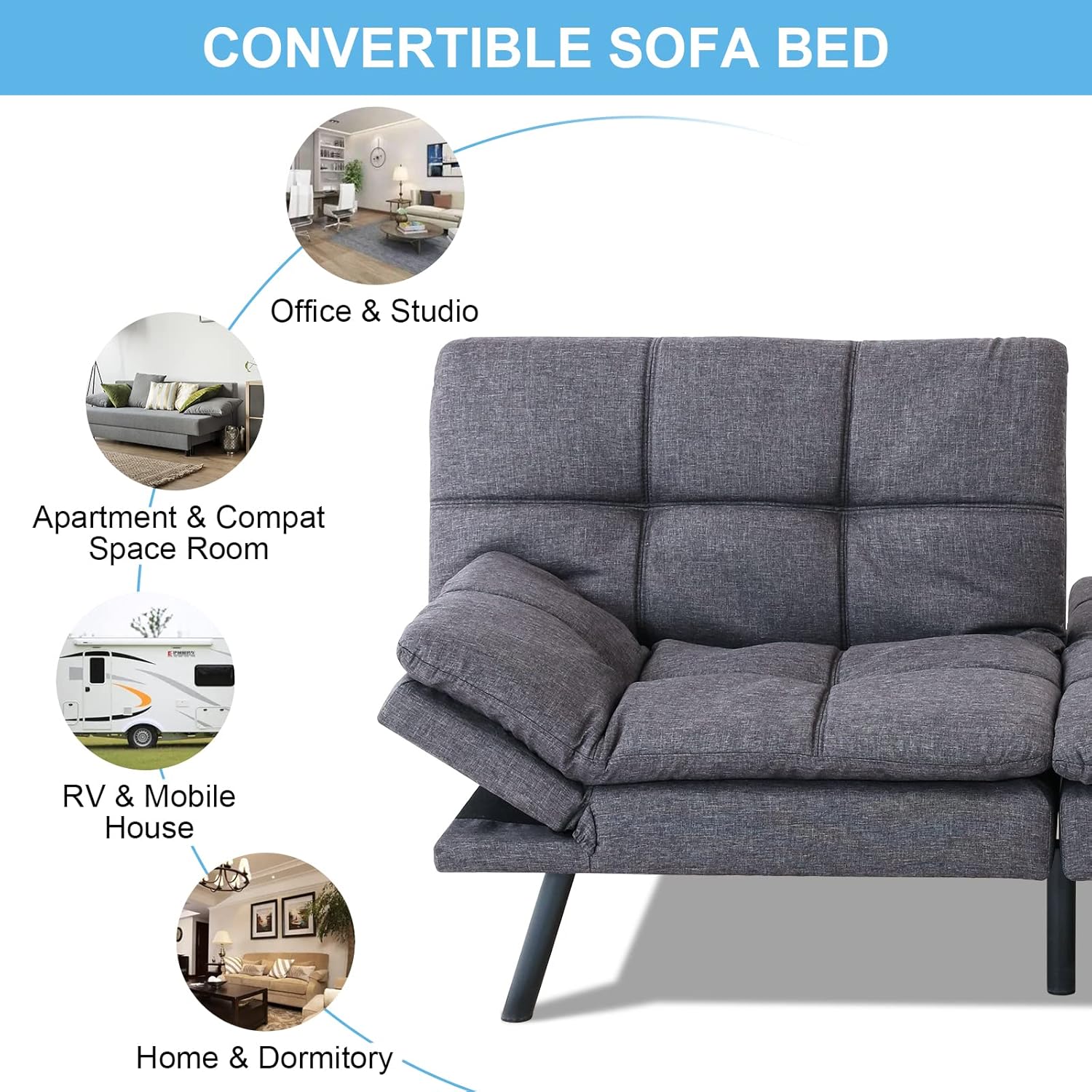 Grey Memory Foam Convertible Futon Sofa Bed H116