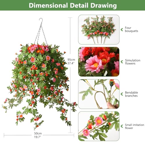4 Pack Artificial Hanging Flowers with Basket, Silk Chrysanthemum Flowers, Purple Red H261627