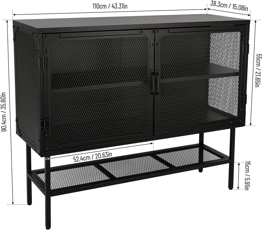 Industrial Cabinet Console Table with 2 Mesh Doors Adjustable Shelf and Feet Bottom Shelf Anti-Tip Dust-Free Kitchen Credenza Sideboard Frosted O592